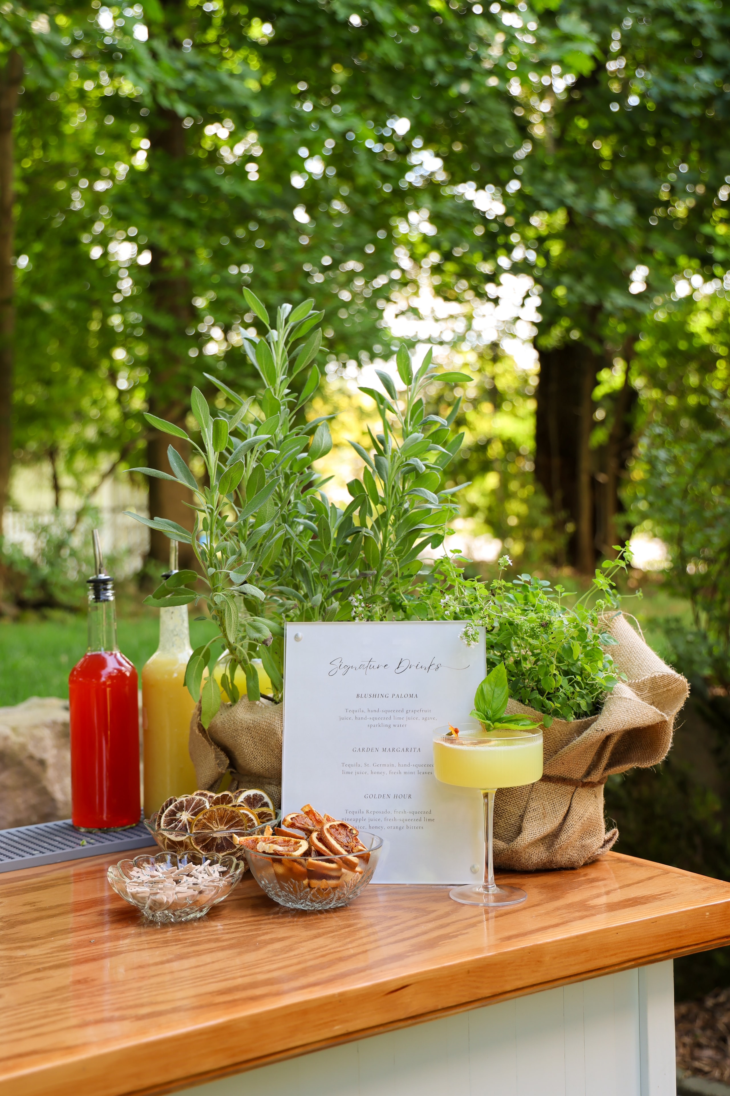 Outdoor garden cocktail bar setup